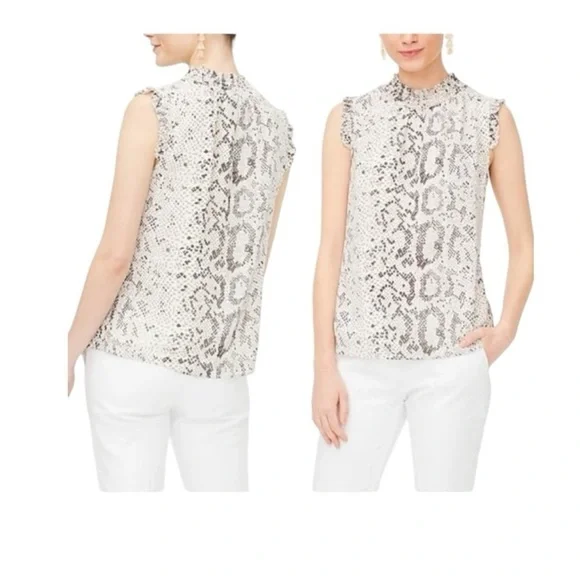 J. Crew Snakeskin-Print Mock-Neck Ruffle Neck/Sleeve Sleeveless Blouse. Size 0. - Picture 2 of 13